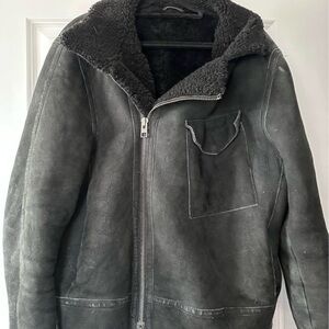 All Saints Black Shearling Bomber Jacket, motorcycle,leather jacket,vintage
